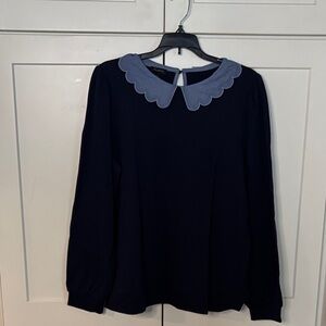 Talbots Navy Blouse with Blue Scalloped Collar